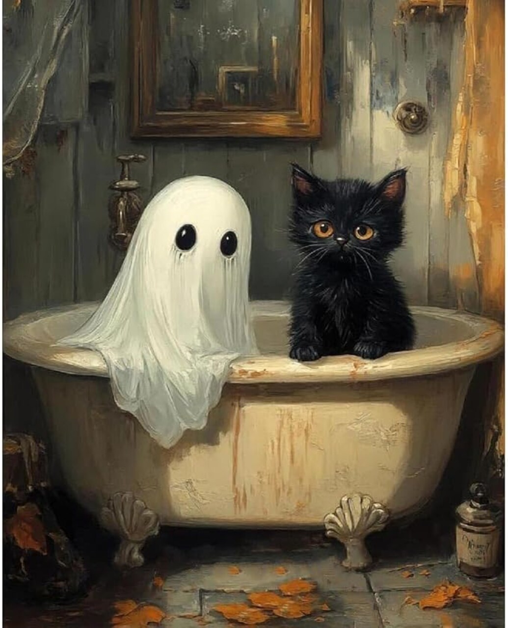 Halloween Paint by Numbers Kit for Adults, Ghost Oil Painting by Numbers with Brushes, Black Cat Art and Crafts Canvas Kit for Beginner Home Decor 16x20 inch / 40x50 cm